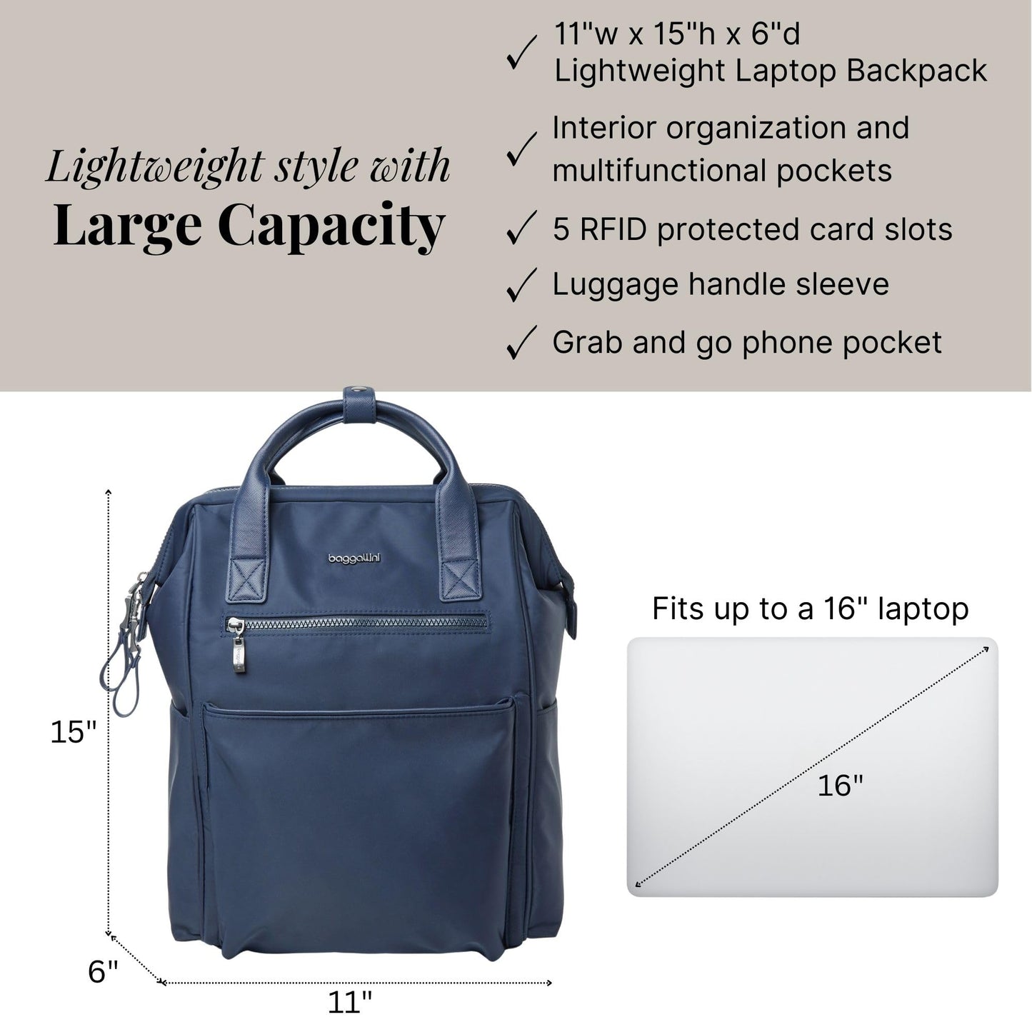 Baggallini Soho Travel Laptop Backpack | Water-Resistant – Navy