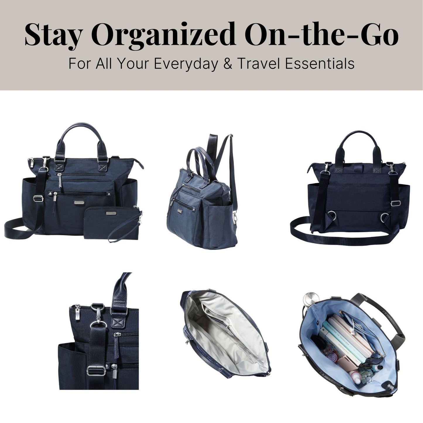 Baggallini 3-in-1 Convertible Backpack Tote | RFID Wristlet – Navy