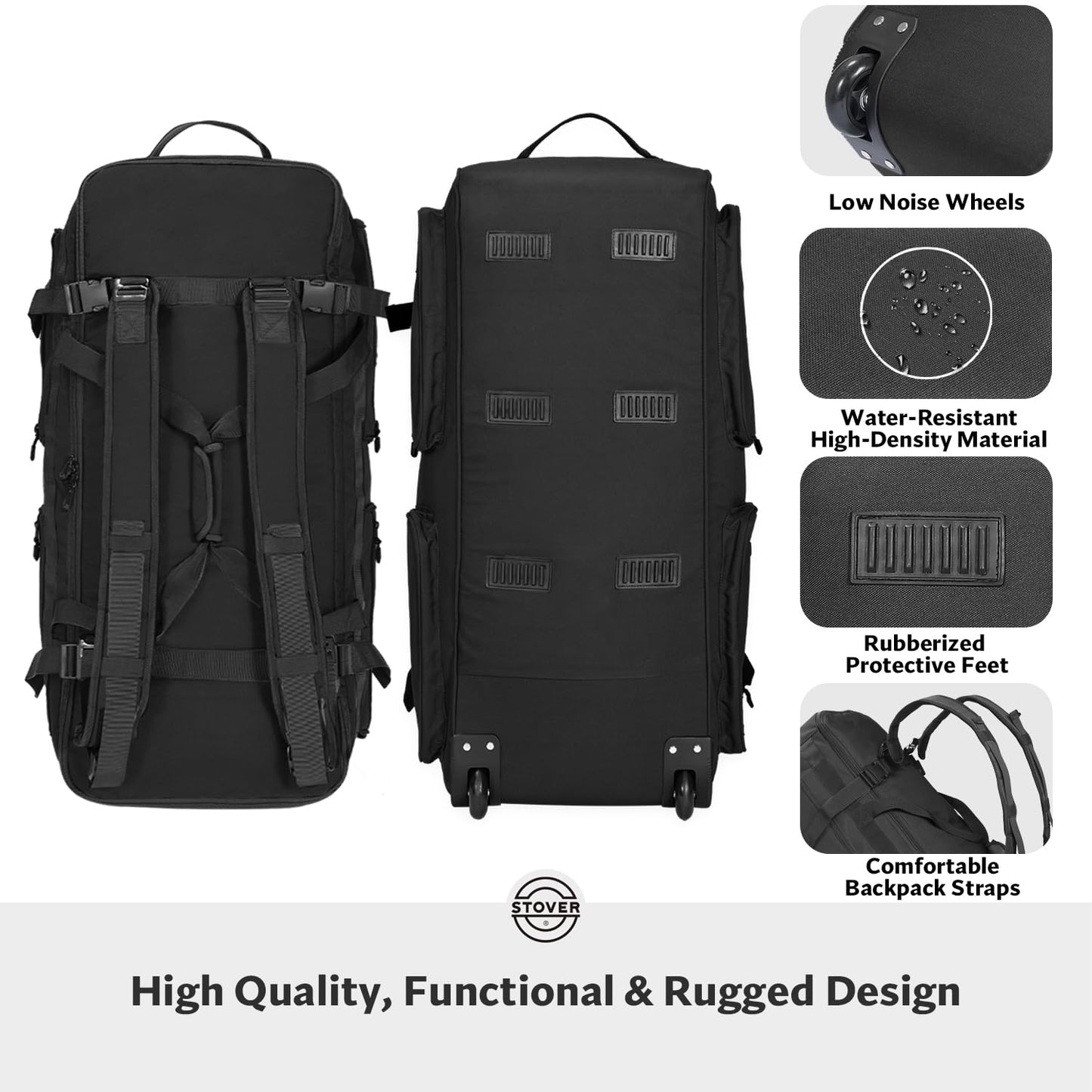 STOVER 45/80/100L Rolling Duffel Bag with Wheels & Backpack Straps
