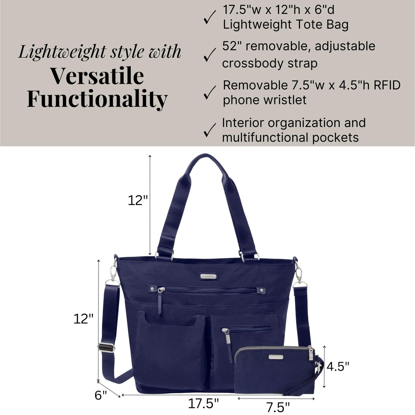 Baggallini Any Day Tote | Crossbody & RFID Wristlet – Navy