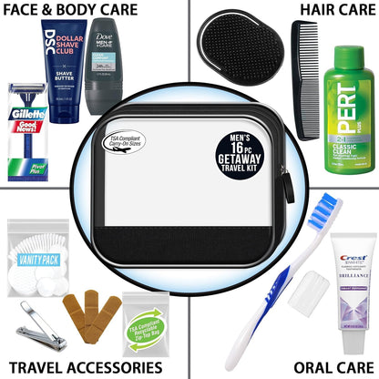 Men's 16-Piece Travel Toiletry Kit in Reusable Bag – 40 Pack
