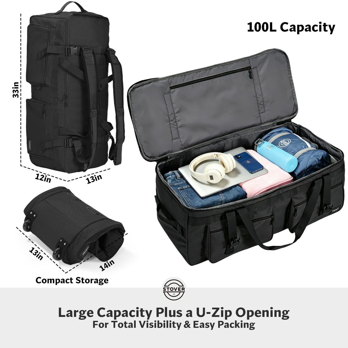 STOVER 45/80/100L Rolling Duffel Bag with Wheels & Backpack Straps