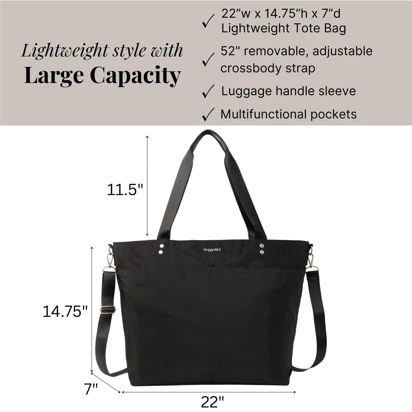 Baggallini Large Nylon Carryall Tote – Lightweight Travel Bag