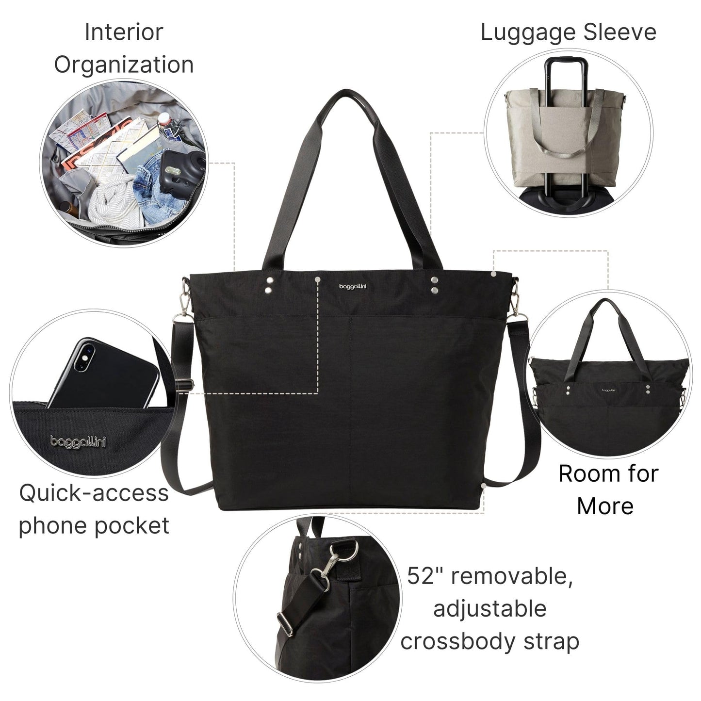 Baggallini Large Nylon Carryall Tote – Lightweight Travel Bag