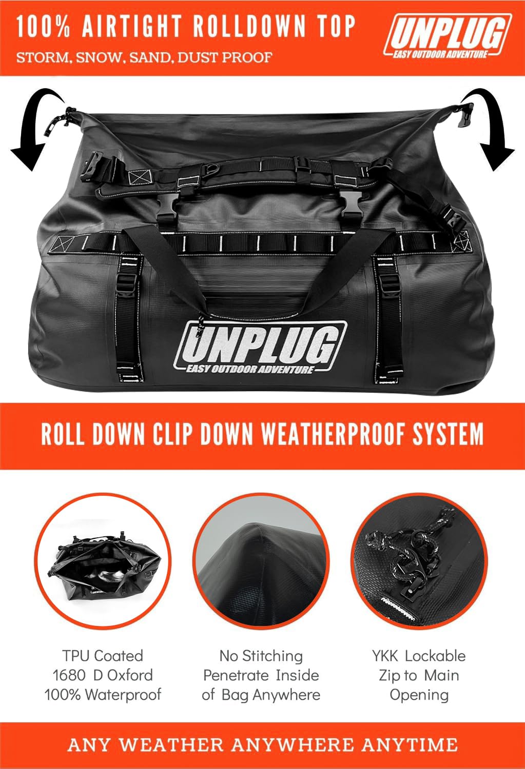 UNPLUG 155L Waterproof Duffel Bag – 1680D Heavy Duty BlackOps