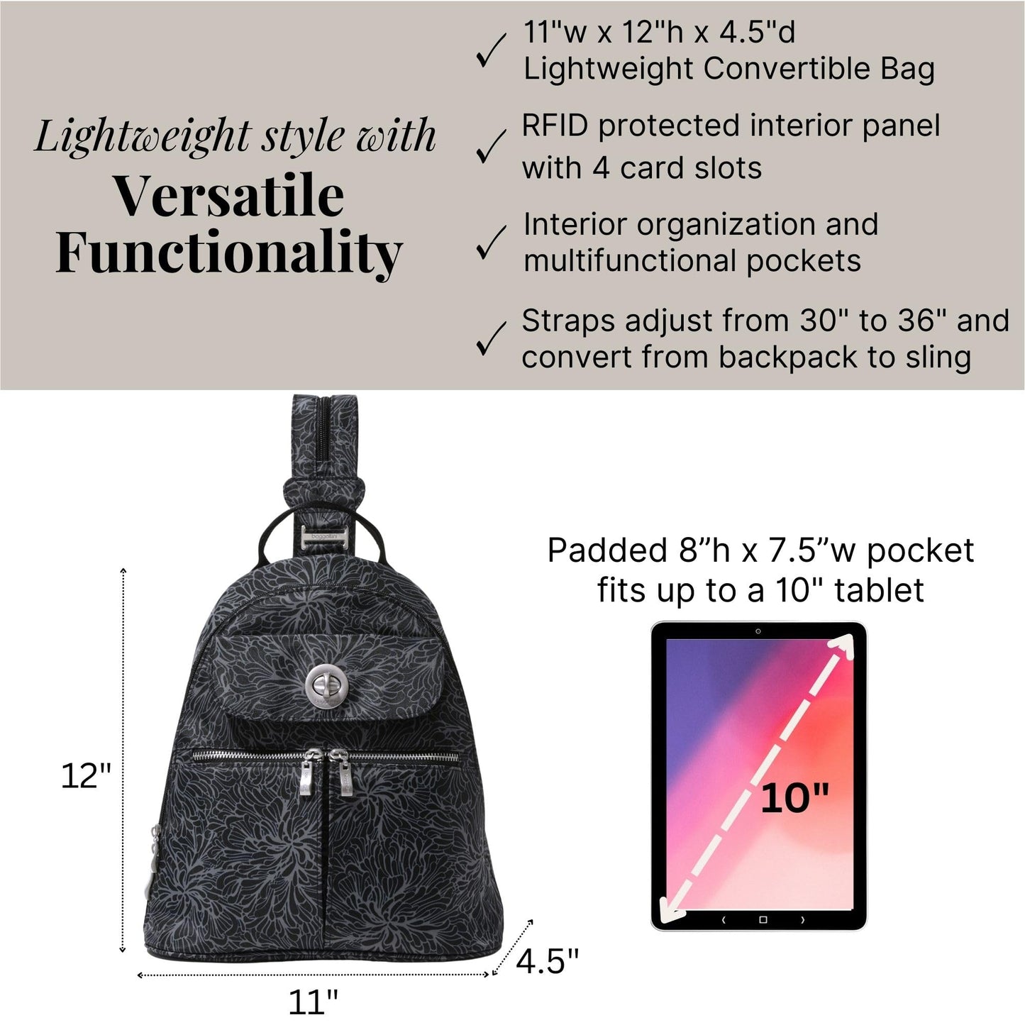 Baggallini Naples Convertible Backpack Sling | RFID – Midnight