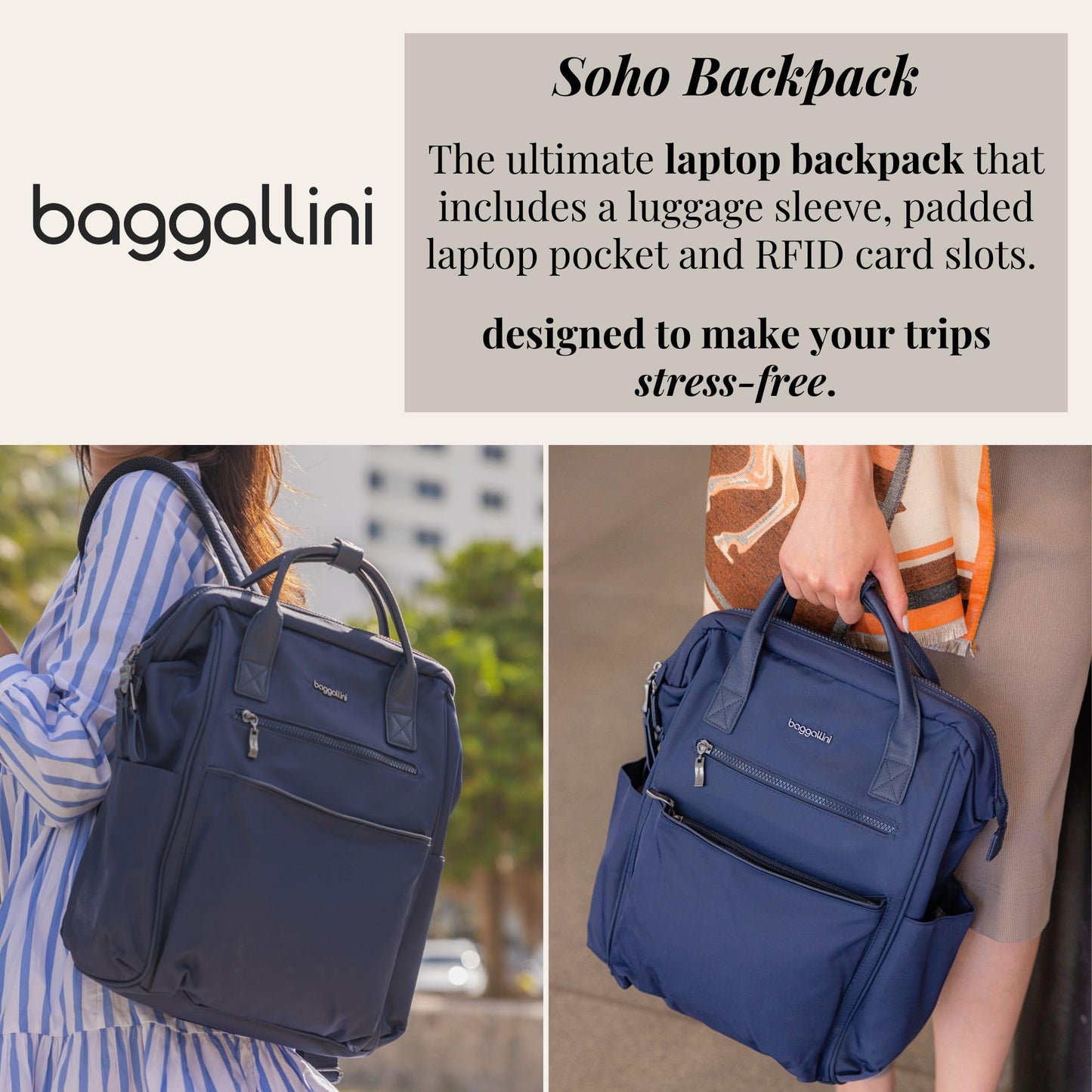 Baggallini Soho Travel Laptop Backpack | Water-Resistant – Navy
