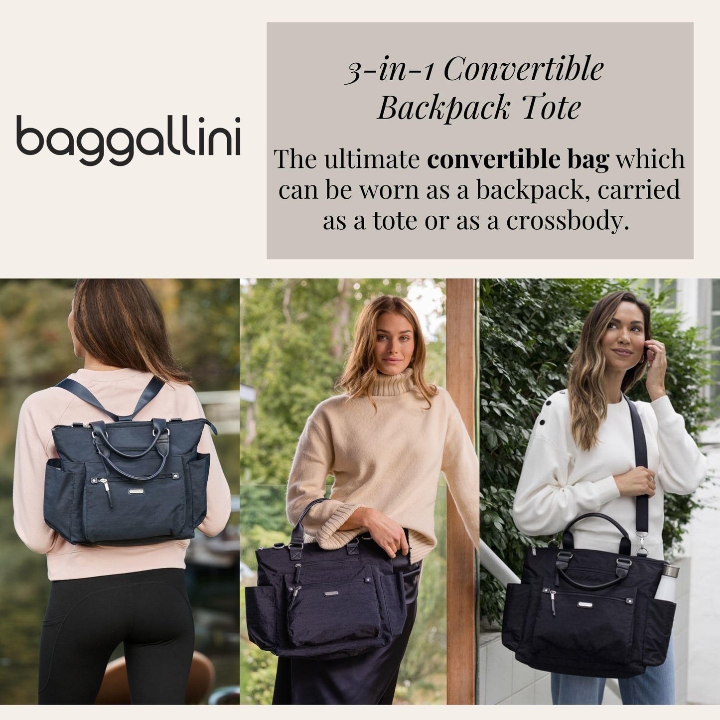 Baggallini 3-in-1 Convertible Backpack Tote | RFID Wristlet – Navy