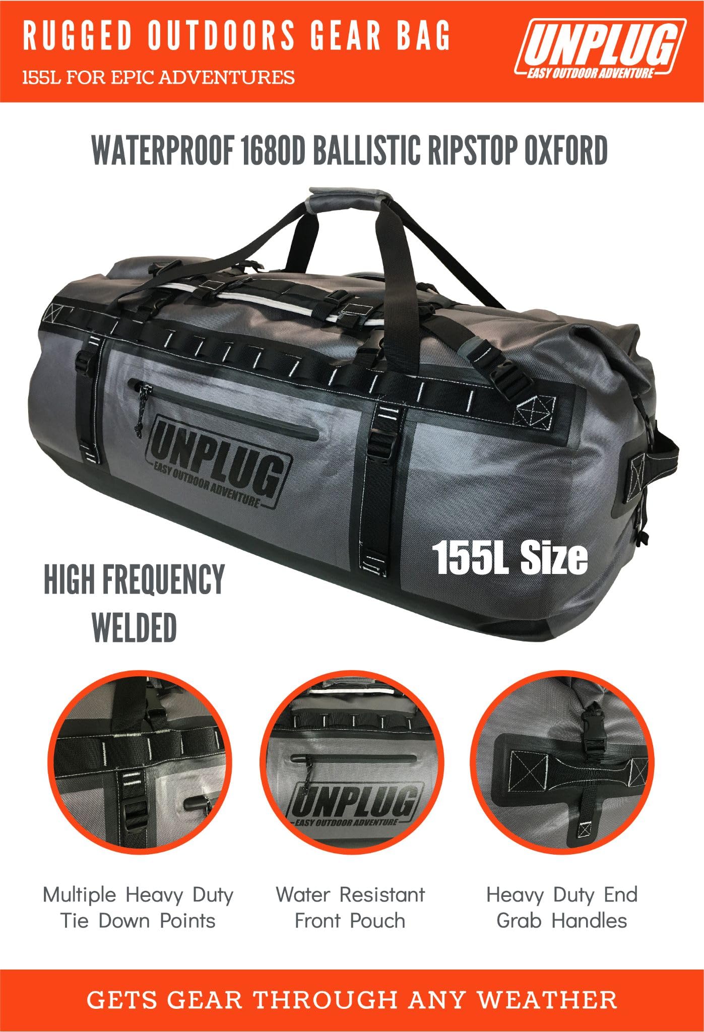 UNPLUG 155L Waterproof Duffel Bag – 1680D Heavy Duty Storm Grey