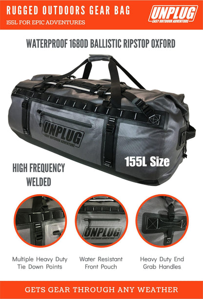 UNPLUG 155L Waterproof Duffel Bag – 1680D Heavy Duty Storm Grey