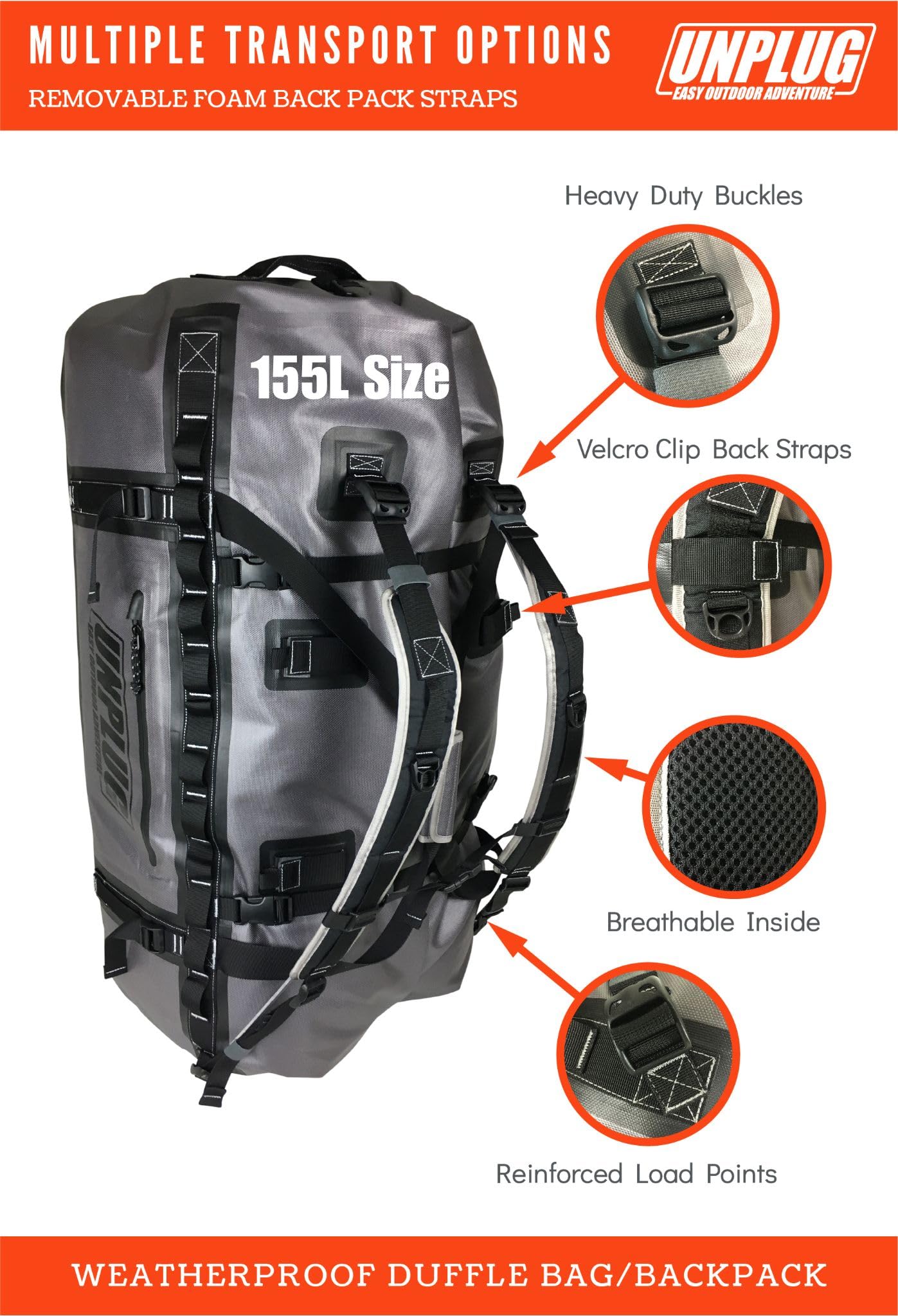 UNPLUG 155L Waterproof Duffel Bag – 1680D Heavy Duty Storm Grey