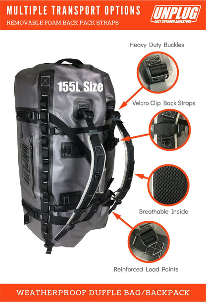 UNPLUG 155L Waterproof Duffel Bag – 1680D Heavy Duty Storm Grey