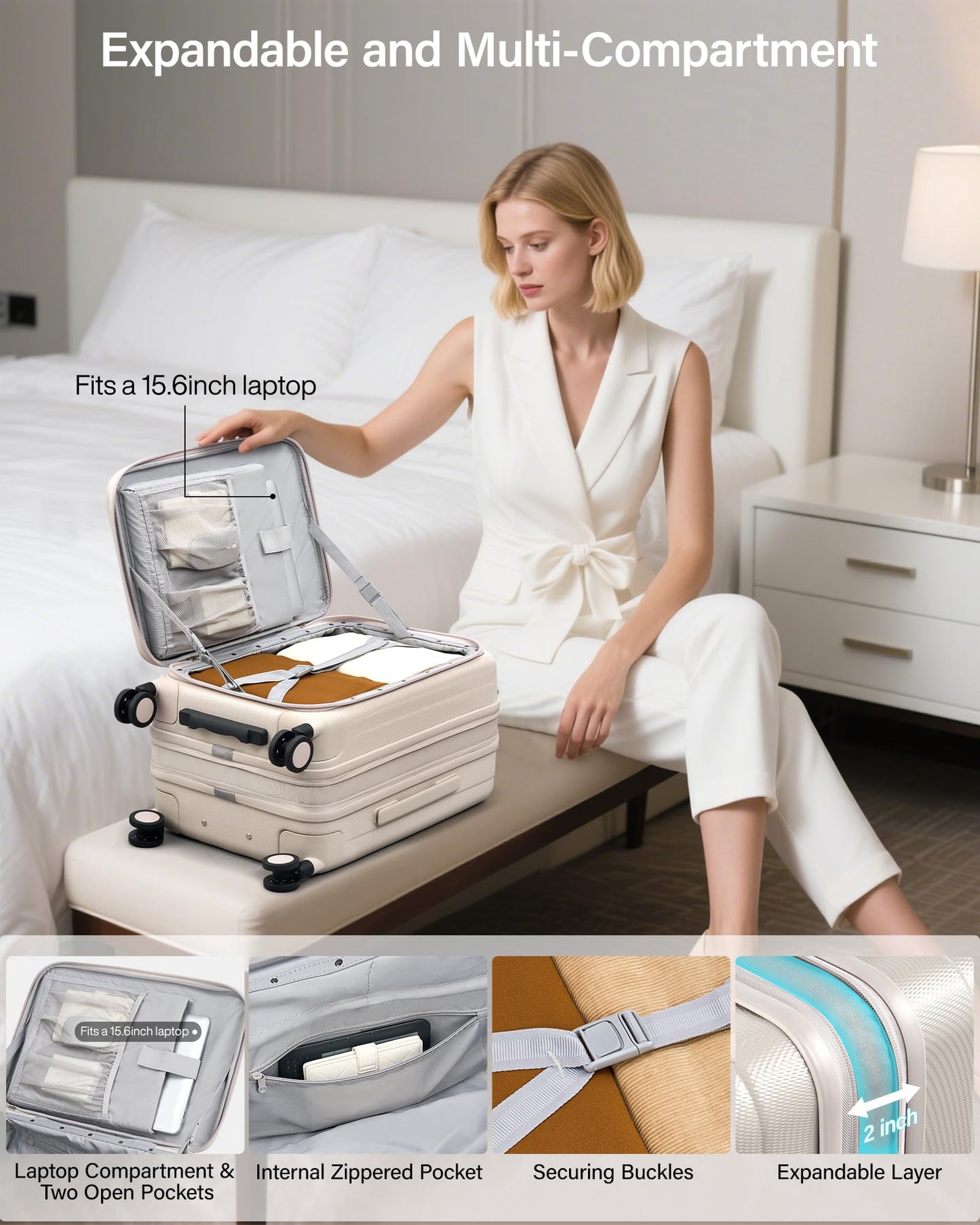 Hanke 20-Inch Expandable Carry-On Hard Shell Suitcase – Ivory