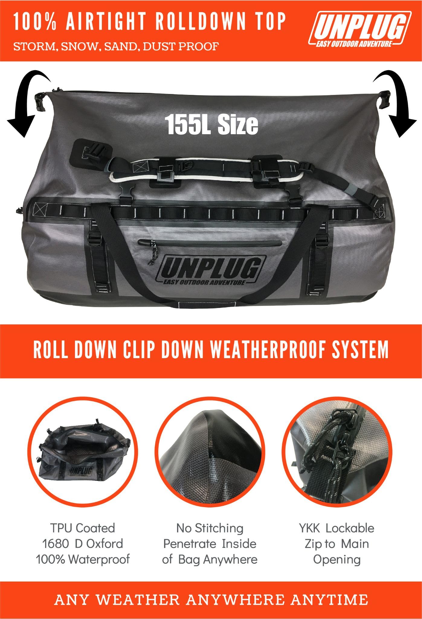 UNPLUG 155L Waterproof Duffel Bag – 1680D Heavy Duty Storm Grey